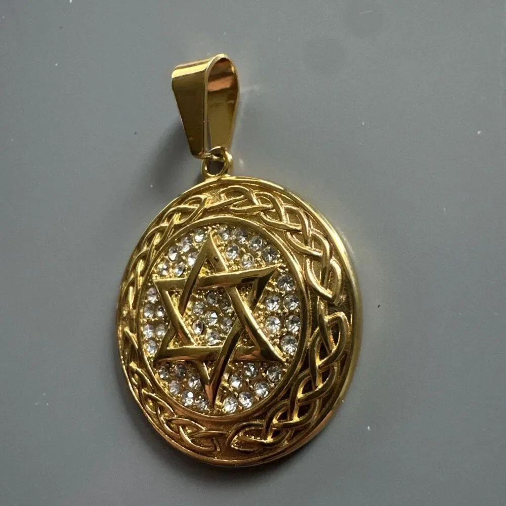 Stainless Steel Jewish Star of David 24” Chain Gold Cubic Zirconia Israel Faith
